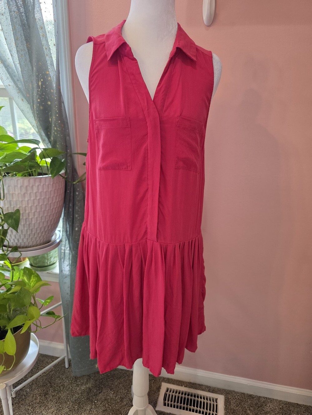 Joie 100% Silk Hot Pink Drop Waist Sleeveless Shirt Dress Size S